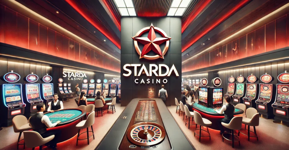 Starda Casino - qırmızı və qara rəngli kazino loqosu ilə Starda Casino təcrübəsi.